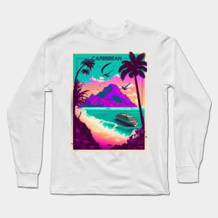 Caribbean Cruise Synthwave Travel Art Poster Long Sleeve T-Shirt